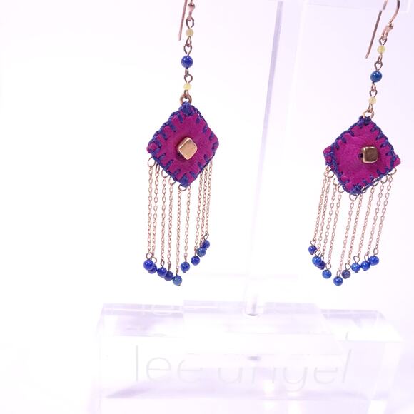 Lee Angel Neiman Marcus Purple Navy Leather Beaded Drape Earrings NWT 168 - Picture 5 of 8